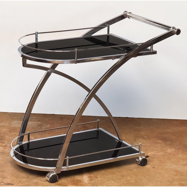 Art Deco Two-Tiered Drinks Cart of Chrome and Black Glass From England For Sale - Image 4 of 8
