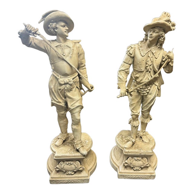 Pair of Antique Cast Metal Spelter Figural Statues Don Juan & Don Cesar For Sale