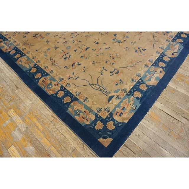 Textile 1920s Camel Floral Geometric Antique Chinese Peking Carpet 8'2" X 9'9" Wool Rug For Sale - Image 7 of 11