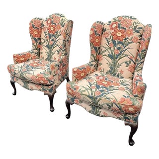1970s Palm Beach Style Floral Upholstered Wingback Ethan Allen Chairs - A Pair For Sale
