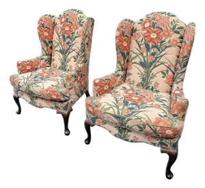 1970s Palm Beach Style Floral Upholstered Wingback Ethan Allen Chairs - A Pair