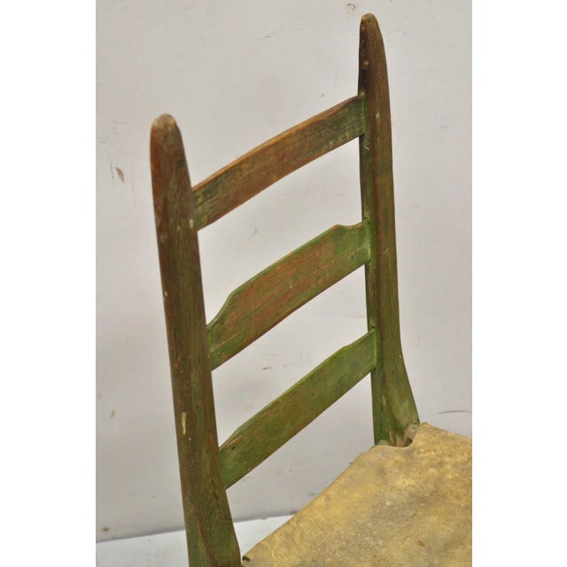 Antique Small Ladder Back Green Primitive Rustic Chair With Deer Hide Seat For Sale - Image 12 of 13