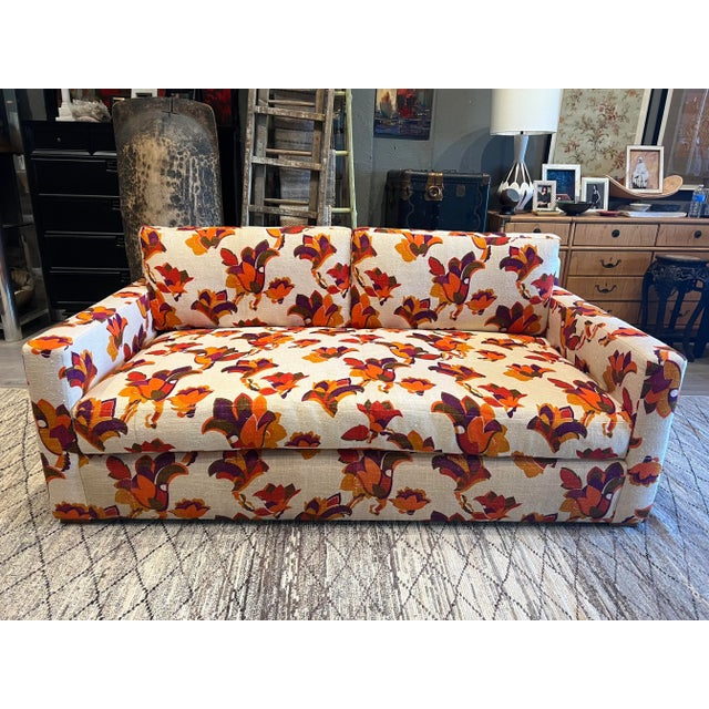 Orange Vintage Sofa Reupholstered in Vintage 70's Floral Dead Stock Fabric For Sale - Image 8 of 8