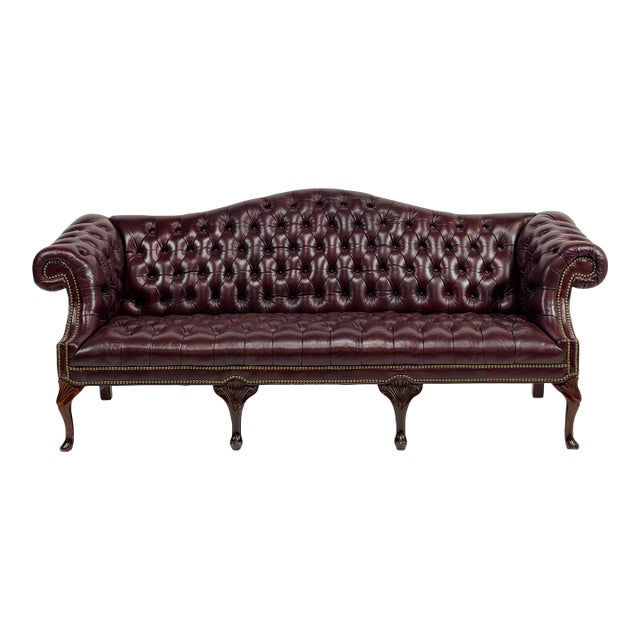 1970s English Camelback Tufted Burgundy Leather Chesterfield Sofa For Sale