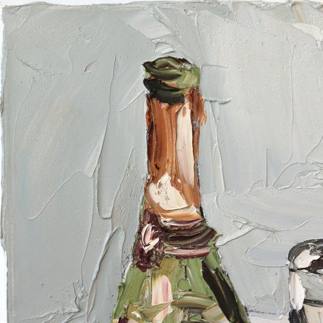 Textile Champagne Bottle, Glass, and Berries - Textured Still Life Oil Painting by Sally West For Sale - Image 7 of 9