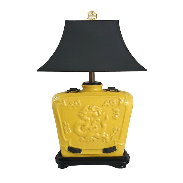 Lamp Vintage Chinese Imperial Yellow Crackled Porcelain & Shade For Sale In Miami - Image 6 of 17