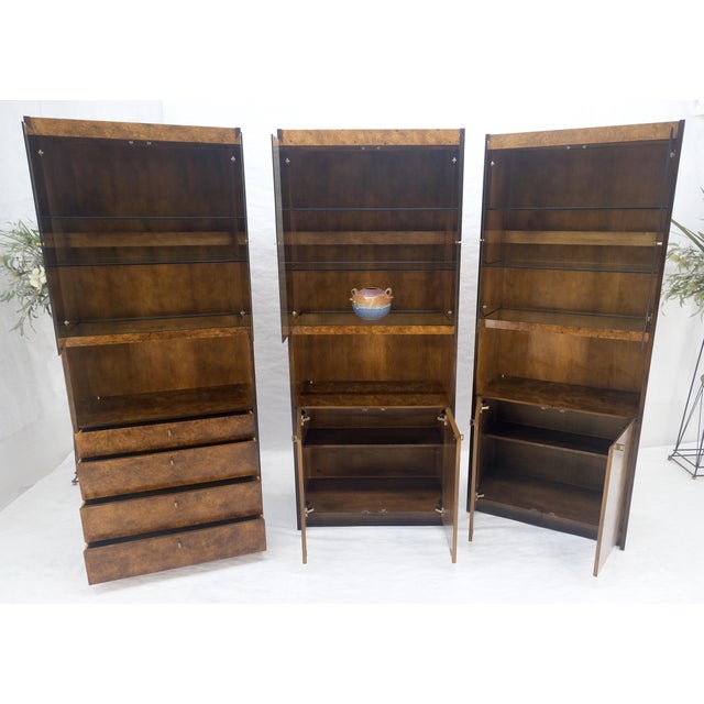 Set of 3 Burl Wood Lighted Cabinets Wall Units Mid Century Modern MINT For Sale - Image 12 of 17