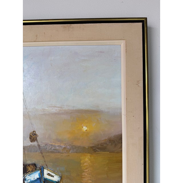 Wood 1970’s Vintage Yoli Sunset Harbor Scene Oil on Canvas Painting, Framed For Sale - Image 7 of 12