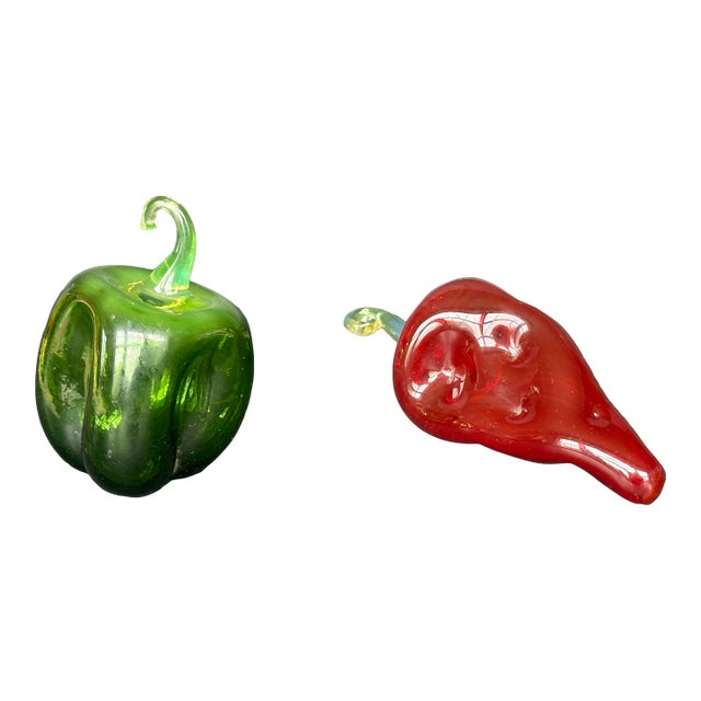 Hand Blown Glass Red and Green Pepper Vegetable Figurines For Sale
