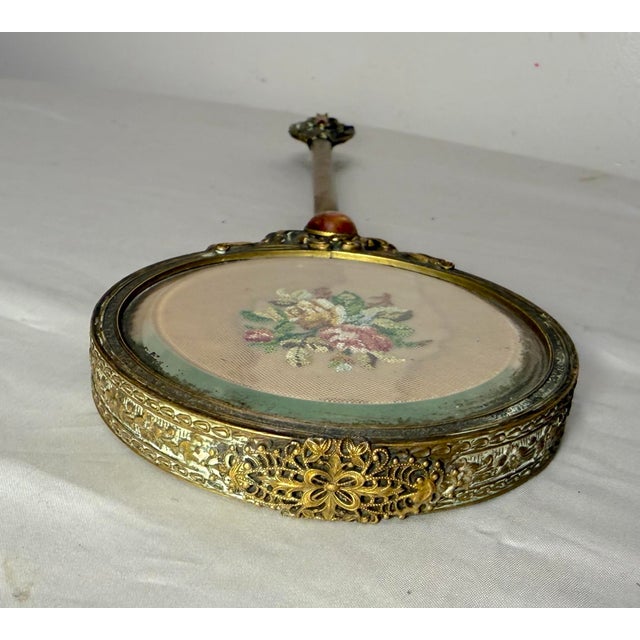 Large Antique 19th Century Gilt Bronze Petit Point Embroidery Vanity Hand Mirror For Sale - Image 12 of 14