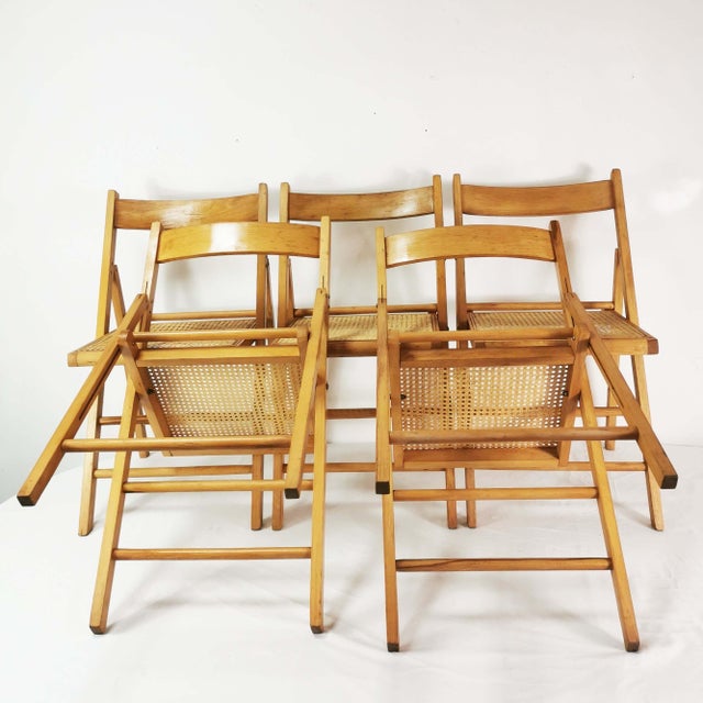 Wood Vintage Folding Chairs with Raffia, Germany, 1980s, Set of 5 For Sale - Image 7 of 16