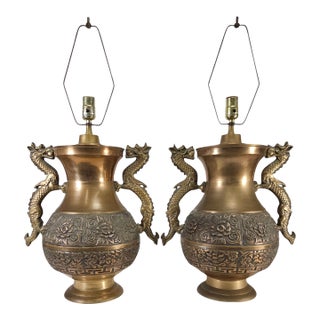Pair Hollywood Regency Brass Dragon Table Lamps James Mont Style 20" For Sale