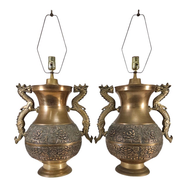 Pair Hollywood Regency Brass Dragon Table Lamps James Mont Style 20" For Sale