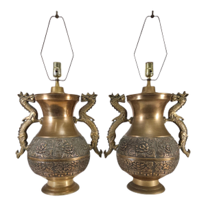 Pair Repoussé Brass Dragon Lamps Chinoiserie Hollywood Regency James Mont Style