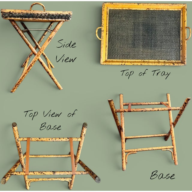 Brown Vintage Faux Tortoiseshell Bamboo Folding Tray Table-Rattan-Butler Stand-Leather For Sale - Image 8 of 11