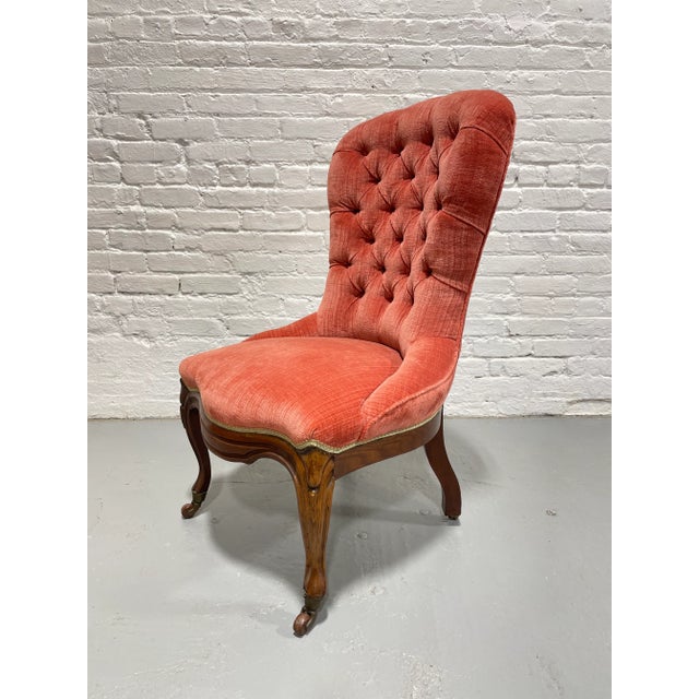 Wood Victorian Tufted Slipper Chair | Pink Velvet Upholstery | Antique Accent Chair on Brass Casters, C. 1900's For Sale - Image 7 of 12
