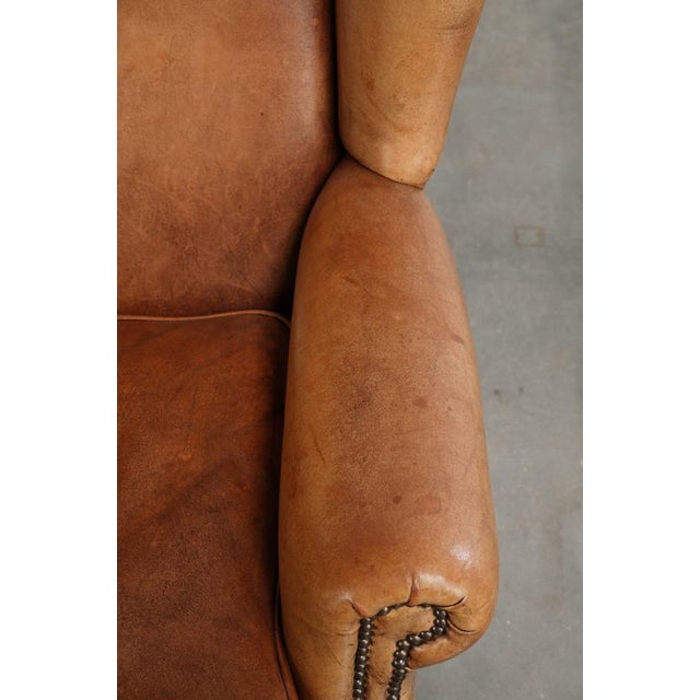 Brown English Sheepskin Wing Armchair in Light Cognac Color For Sale - Image 8 of 13