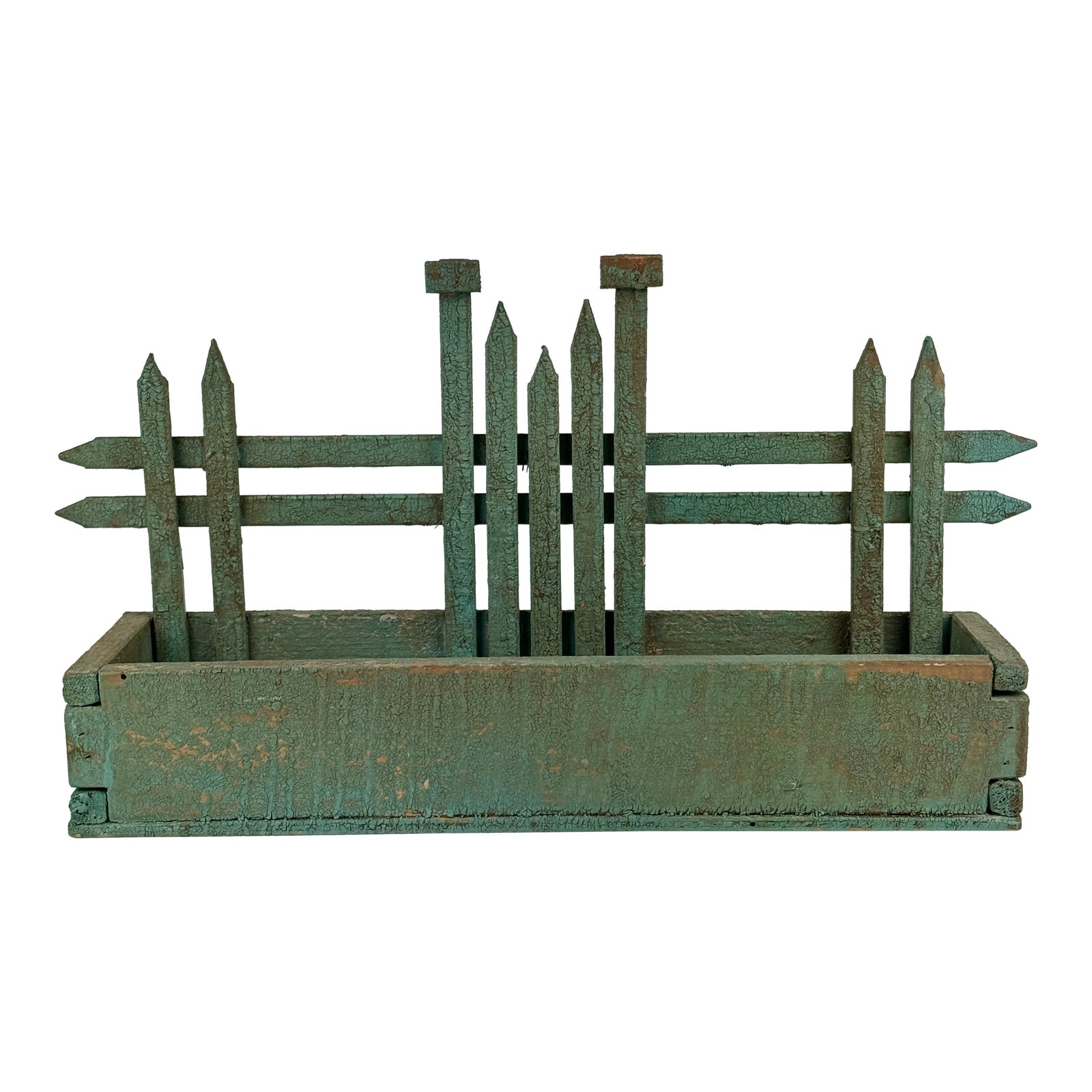 Primitive Vintage Green Wooden Window Box With Architectural Fence