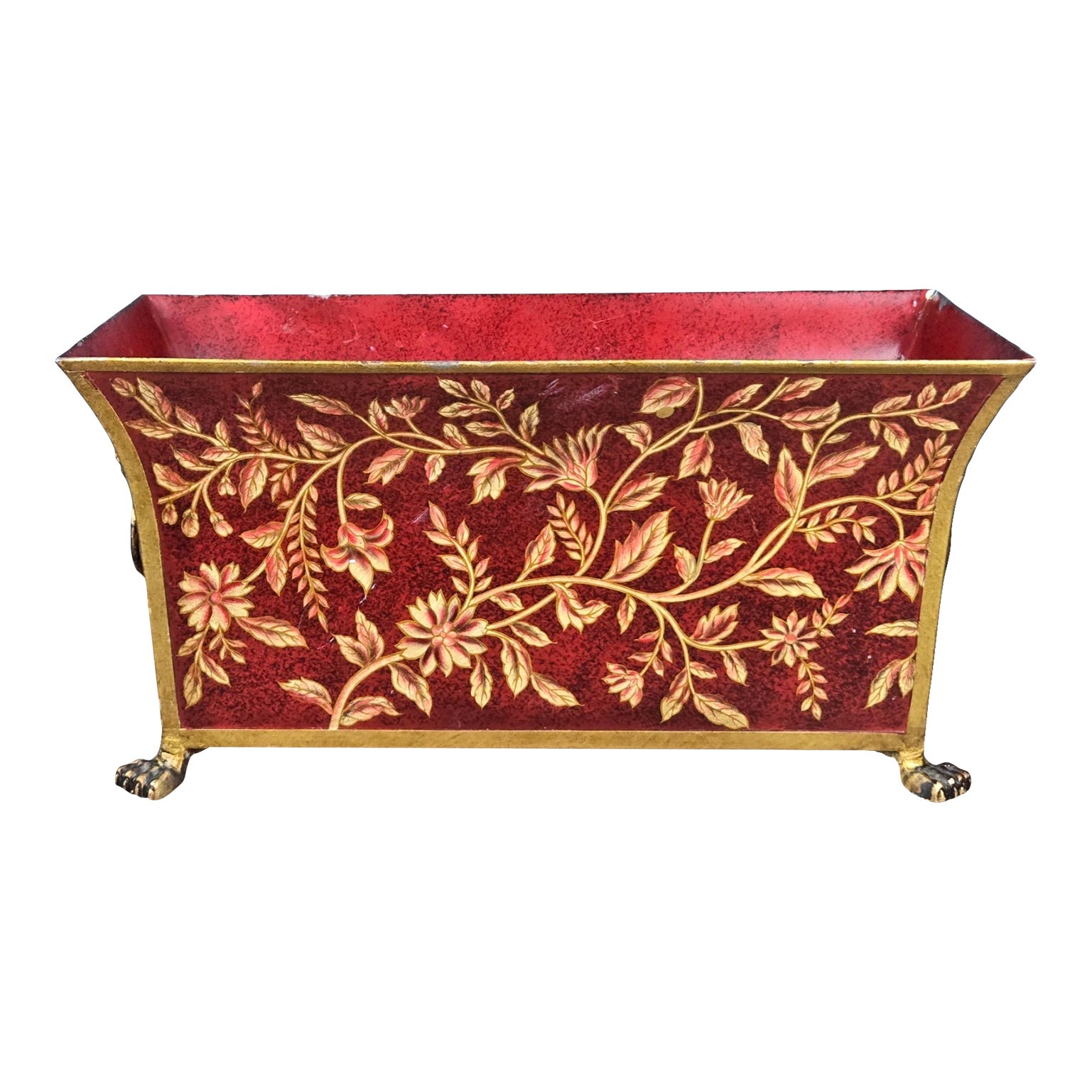Brass Lion Heads Red & Gold Tole Metal Planter Cache Pot | Chairish
