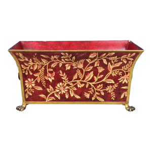 Brass Lion Heads Red & Gold Tole Metal Planter Cache Pot
