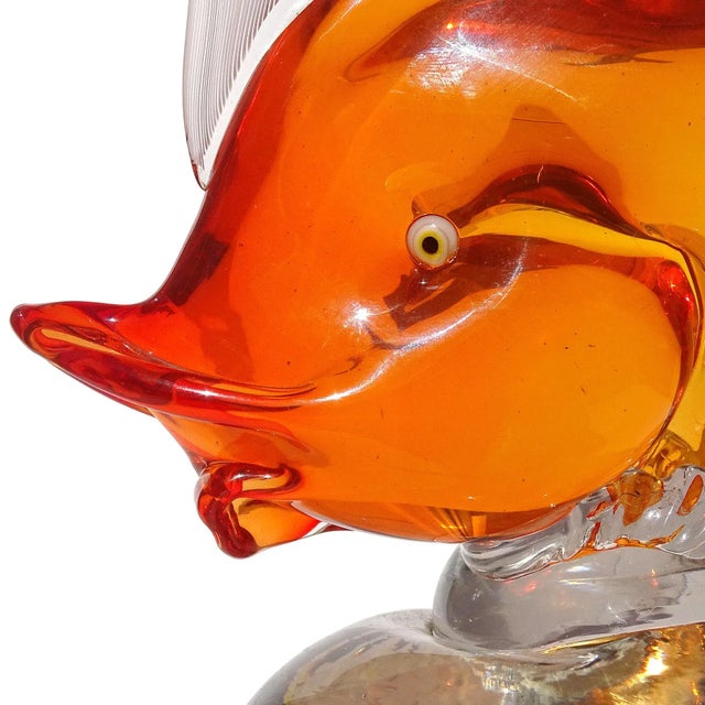 Aureliano Toso Vintage Murano Dino Martens Sommerso Bright Orange White Fins Italian Art Glass Fish Sculpture For Sale - Image 4 of 9