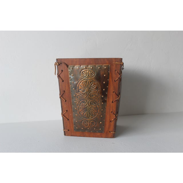 Pieced Copper Plate Leather Western Theme Wastebasket Vintage For Sale - Image 4 of 14