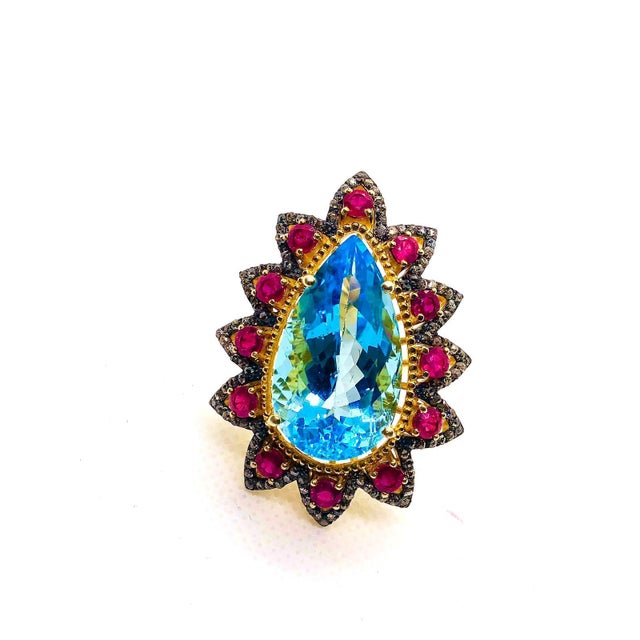 Bochic “Capri” Vintage Ruby, Blue Topaz & Diamond Ring Set In 18K Gold & Silver For Sale In New York - Image 6 of 11