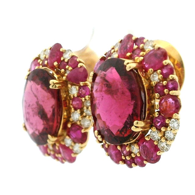 Vintage Italian 18k Gold Pink Tourmaline Ruby Sapphire Diamond Cluster Earrings For Sale - Image 13 of 15