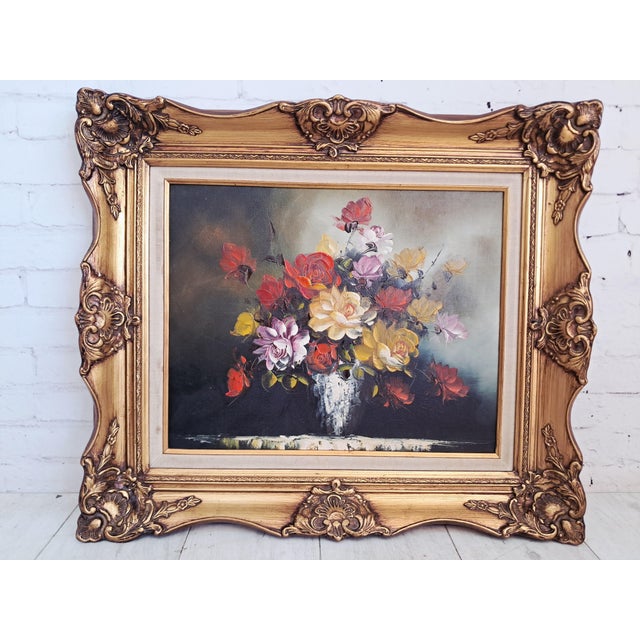 Vintage Floral Oil Painting on Canvas with Ornate Gilt Frame Flowers, Circa 1980 For Sale - Image 15 of 18