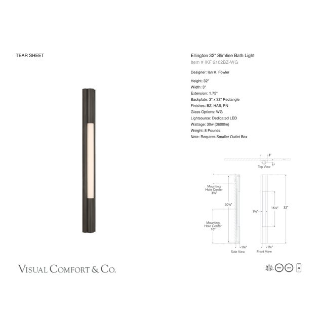 Visual Comfort Ian K. Fowler for Visual Comfort Signature Ellington 32" Slimline Bath Light in Bronze with White Glass For Sale - Image 4 of 6