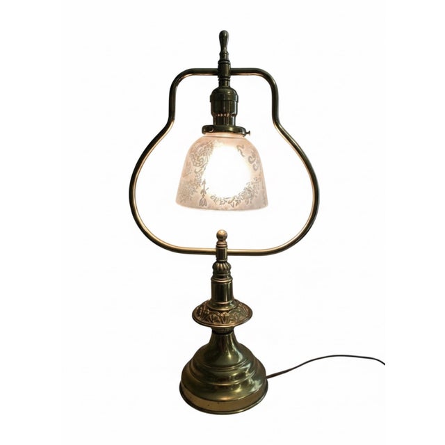 Vintage Neoclassical Brass Lyre Table Lamp With Frosted Floral Glass Shade For Sale - Image 4 of 5