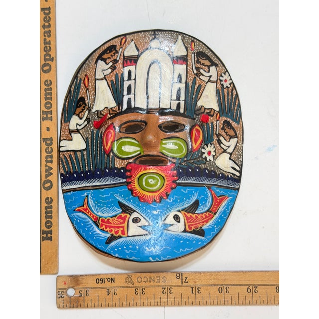 Folk Art Vintage Mexican Hand-Painted Terracotta Folk Art Mask With Fish For Sale - Image 3 of 9