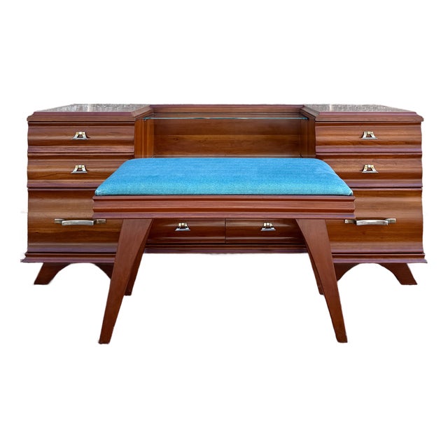 Mid Century Modern Kling Furniture Cherry Modern Collection Solid Cherry 6 Drawer Vanity & Bench For Sale