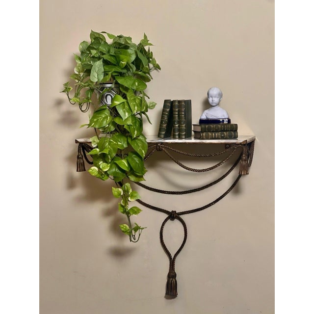 Italian Rope and Tassel Gilt Iron Wall Mount Console Table, Marble Top, 1960s For Sale - Image 12 of 12