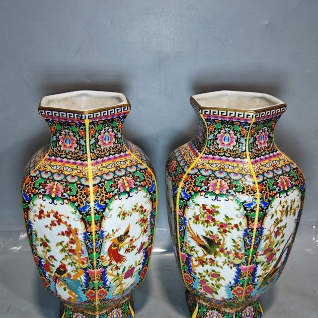 Ceramic Mid 20th Century Famille Rose Hexagonal Porcelain Vases With Bird and Floral Motifs - Set of 2 For Sale - Image 7 of 9
