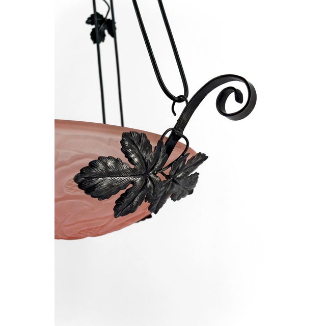 Metal Suspension Light in Wrought Iron with Vine Decoration & Pressed-Molded Pink Glass Bowl with Geometric Floral Patterns, France, 1930 For Sale - Image 7 of 12
