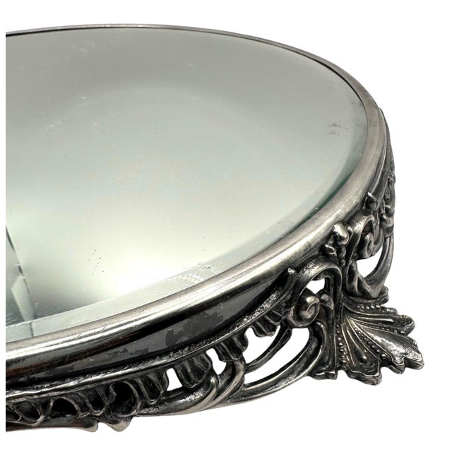 Metal Vintage Art Nouveau Silver Beveled Mirror Plateau For Sale - Image 7 of 12