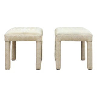 Milo Baughman Style White Parsons Upholstered Stool Pair Vintage MCM Cube For Sale