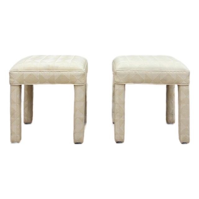 Milo Baughman Style White Parsons Upholstered Stool Pair Vintage MCM Cube For Sale