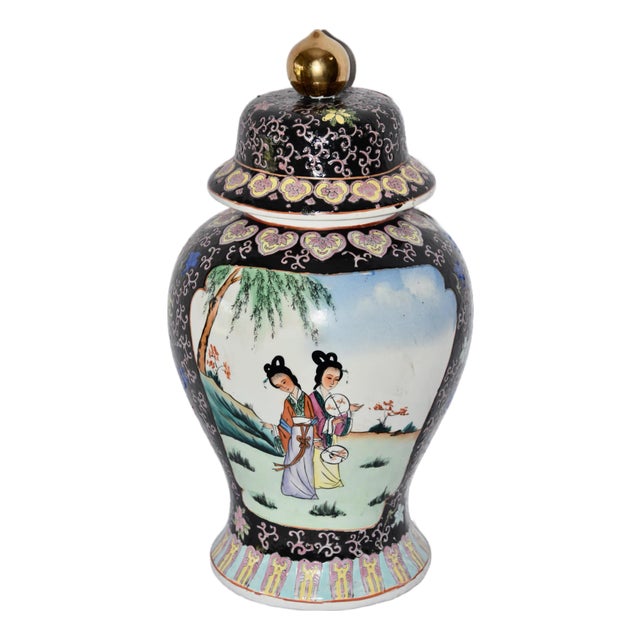 1950s Japanese Decor Royal Satsuma Hand Painted Ginger Temple Jar Vase For Sale