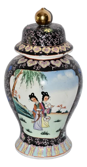 1950s Japanese Decor Royal Satsuma Hand Painted Ginger Temple Jar Vase