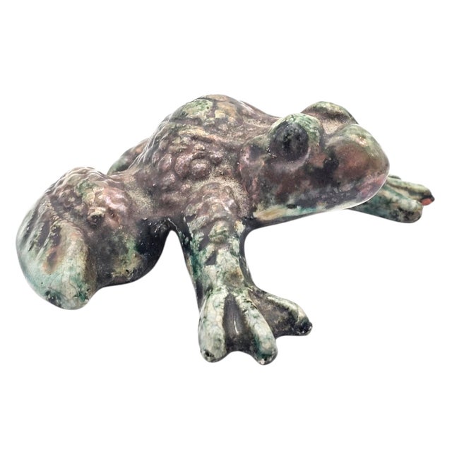 Late 20th Century Margie Hughto Studio Signed Iridescent Ceramic Frog Sculptures, Pair, 4" For Sale - Image 5 of 18