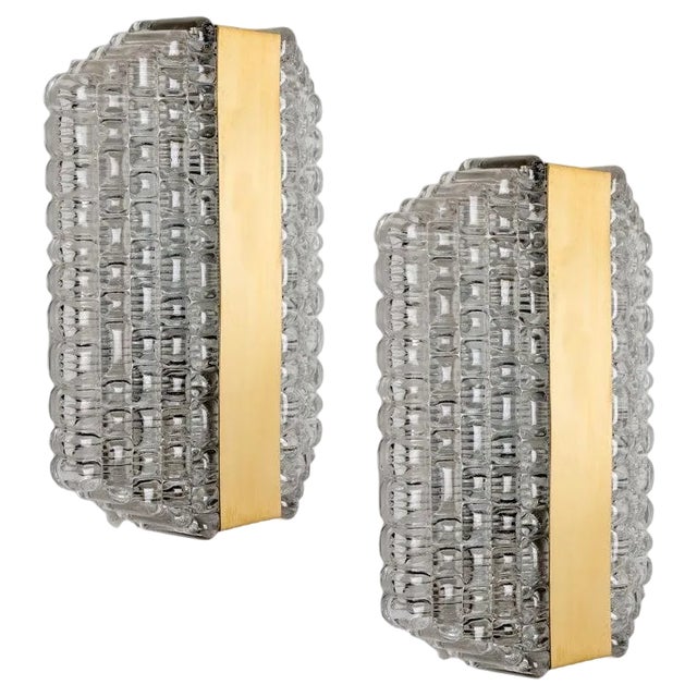 Textured Clear Glass Wall Lights attributed to Kaiser Leuchten, 1970s, Set of 2 For Sale
