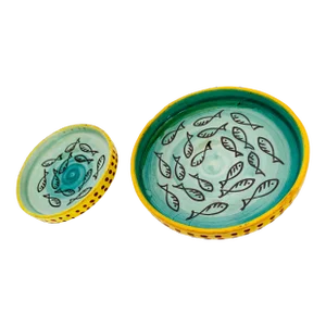 Vintage 1970’s Italian Art Pottery Glazed Bowl Set With Fish Motif- a Pair