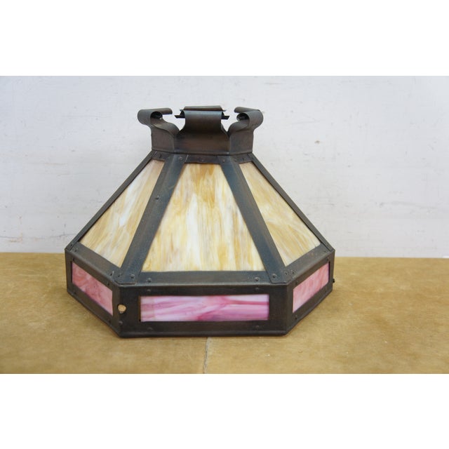 Antique Arts & Crafts Octagonal Caramel & Pink Slag Glass Panel Lamp Shade 17" For Sale - Image 9 of 15