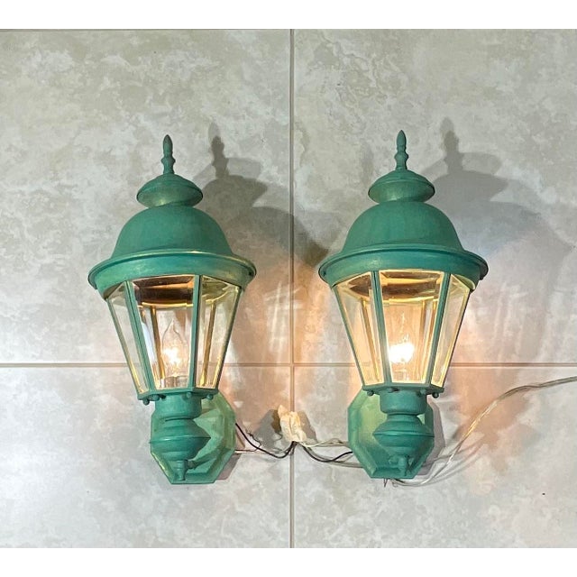 Rustic Pair Vintage Solid Brass Verdigris Carriage Lanterns-Traditional Colonial Style For Sale - Image 3 of 16