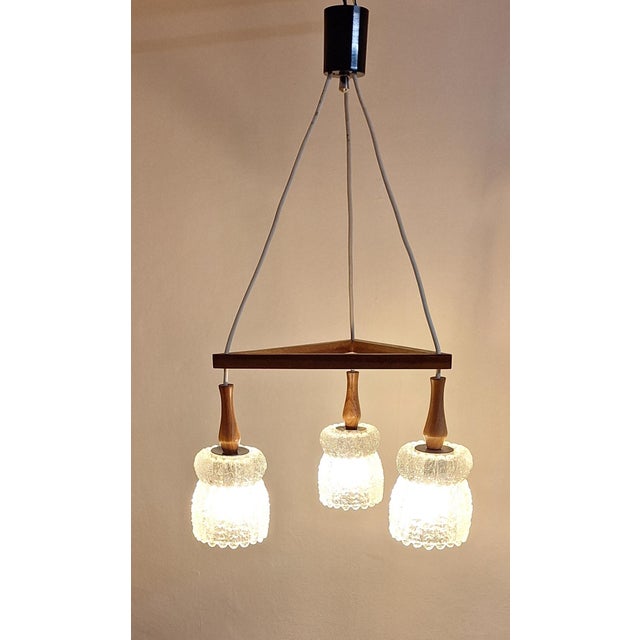 Vintage Triangular Teak 3-Bulb Ceiling Lamp Relief Glass Shades, 1970s For Sale - Image 9 of 9