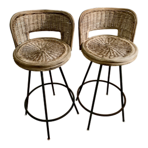 Set of Two Rustic Vintage Bamboo and Iron Wicker Counter Stools Chairs-A Pair
