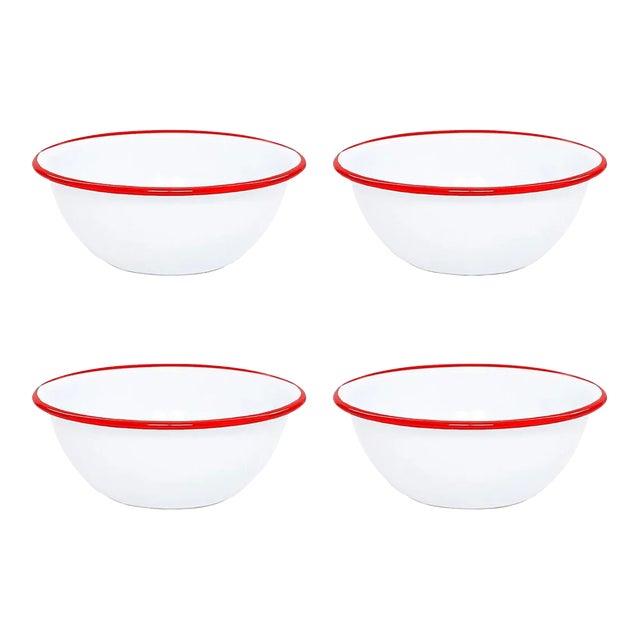 Crow Canyon Home Enamelware, Vintage 20 oz. Cereal Bowls in White with Red Rim - Set of 4 For Sale