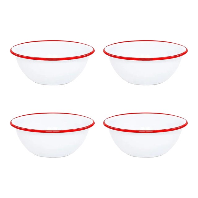 Crow Canyon Home Enamelware, Vintage 20 oz. Cereal Bowls in White with Red Rim - Set of 4 For Sale